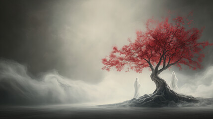 red tree with ghostly figures in mist, journey to the afterlife