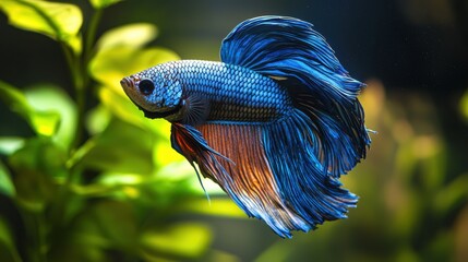 Wall Mural - Vibrant Blue Betta Fish Swimming in Aquatic Environment