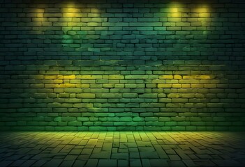 A brick wall with a vibrant green and Yellow lighting, creating a moody and atmospheric background, graphic illustration, comic art graphic novel art, highly detailed, vibrant color palet