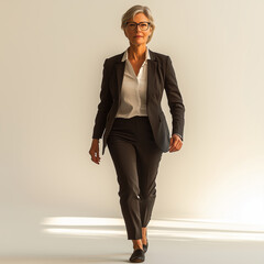 Confident businesswoman walking towards the camera in a sleek suit during a bright morning