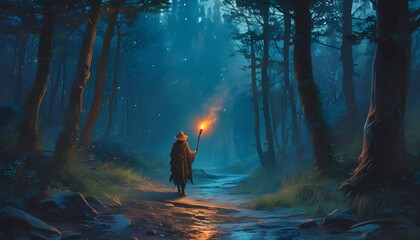 Wall Mural - Mystical Encounter of a Lone Wanderer with Torch in an Enchanted Forest, Illuminated by Magical Light in a Whimsical Woodland Scene