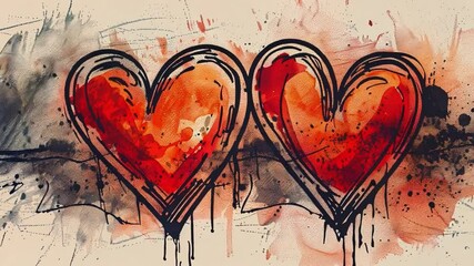 Poster - Two beautifully painted hearts stand out against a blended background of gray and orange, symbolizing love and connection through expressive watercolor strokes.