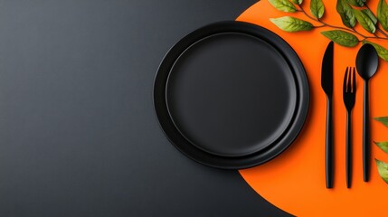 Wall Mural - A black plate with fork and knife on a orange background, AI