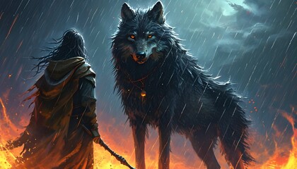 Wall Mural - Wizard Confronting Demonic Wolves Amidst a Fiery Rainstorm in a Dark Magical Nightscape