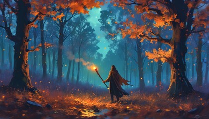 Wall Mural - Mystical Twilight in Enchanted Forest with Solitary Figure and Torch Amidst Illuminated Autumn Foliage