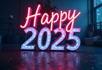 happy 2025 neon text background create with ai