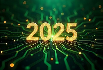 2025 text background featuring a digital circuit board design, with glowing lines and nodes radiating outward, in shades of green and gold create with ai