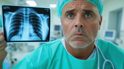 Poster - A man in a scrub suit holding up an x-ray of his chest, AI