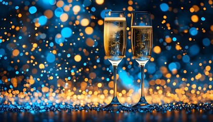 Wall Mural - Champagne glasses amidst shimmering blue and gold bokeh lights