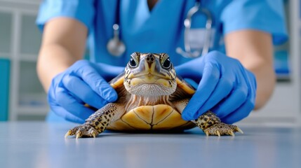 Wall Mural - A person in blue gloves holding a turtle with their hands, AI