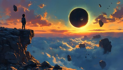 Surreal Sci-Fi Dreamscape of Boy on Cliff Watching Eclipse Amidst Floating Rocks in Dusk Sky