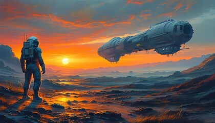 Wall Mural - Exploration of Abandoned Spaceship by Astronauts on Alien Planet at Sunset, Capturing Sci-Fi Adventure in Extraterrestrial Setting