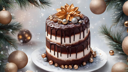 Poster - beautiful delicious cake. festive cake on a New Year's background.	
