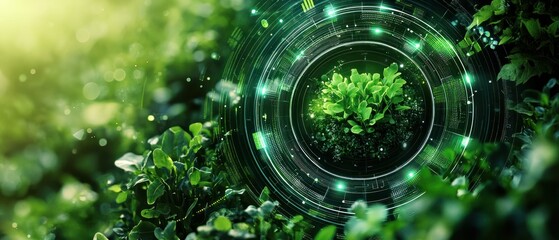 Green Plant Encircled by a Futuristic Holographic Interface