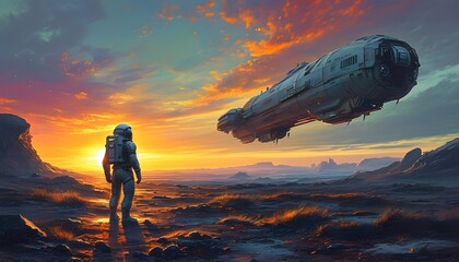 Wall Mural - Exploration of Abandoned Spaceship by Astronauts on Alien Planet at Sunset, Capturing Sci-Fi Adventure in Extraterrestrial Setting