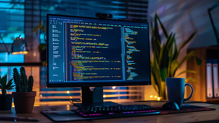 a computer monitor on a desk displaying lines of code in various colors, indicating programming work. The setting appears to be an office or home workspace at night