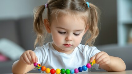 Canvas Print - A little girl playing with a colorful bead chain, AI