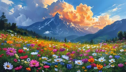 Wall Mural - Vibrant flower field beneath majestic clouds in a mountain landscape, showcasing the beauty of colorful springtime nature