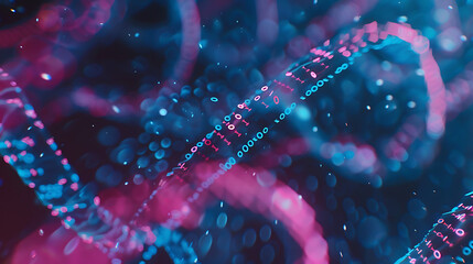 a close-up view of DNA strands, highlighted in blue and pink hues. The strands are composed of binary code, suggesting a blend of biology and information technology