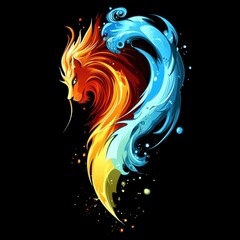 Wall Mural - Fiery Lion and Water Wave Abstract Design