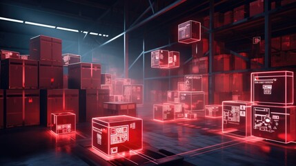 Wall Mural - Red glowing boxes in a warehouse symbolize digitalized logistics and automation.