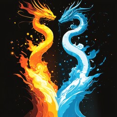 Wall Mural - Fire and Water Dragons Facing Each Other