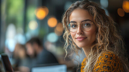 Wall Mural - Young woman with curly hair smiles while wearing glasses in a cafe.