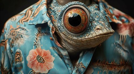 Close-up Portrait of a Lizard Wearing a Hawaiian Shirt