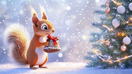 A cheerful cartoon squirrel holding a large acorn gift near a festive Christmas tree in a winter wonderland setting