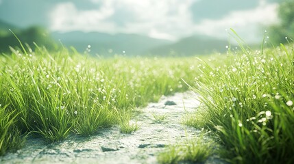 Sticker - Tranquil Meadow Path: Lush Green Grass and Dewdrops