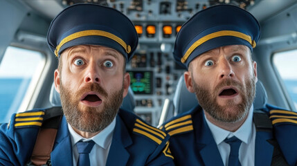 Canvas Print - Two men in uniforms sitting inside a plane with their mouths open, AI