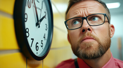 Canvas Print - A man with glasses looking at a clock on the wall, AI