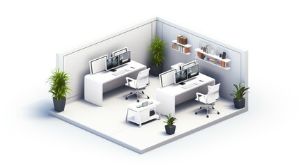 Wall Mural - Minimalist isometric office interior with two workstations, plants, and white walls.