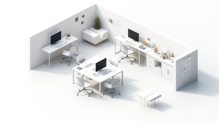 Wall Mural - Isometric view of a modern minimalist office with three workstations, each with a computer, a chair, and a desk. The room is decorated with plants and has a white background.