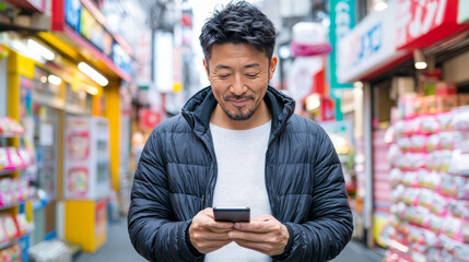 Canvas Print - Smiling man in a black jacket looking at his phone in a busy city street.