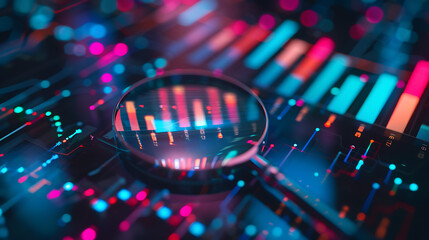 Wall Mural - a close-up of a magnifying glass focusing on colorful bar graphs and line graphs. The background is dark with neon blue and pink lights, giving it a futuristic feel