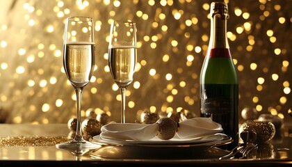 Wall Mural - Romantic dinner setting with glasses of champagne surrounded by a luxurious atmosphere and a shimmering golden backdrop