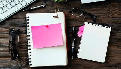 Wall Mural - Essential Notes on Compound Interest: Insights with Pink Sticky, Notebook, Keyboard, Pen, and Glasses