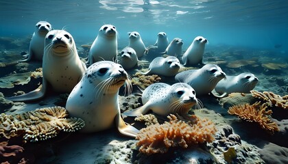 playful seals frolicking among vibrant coral reefs in a mesmerizing underwater paradise