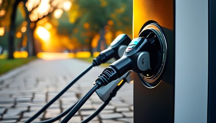 Modern Fast Electric Vehicle Chargers in Morning Light for Charging Cars in Urban Park