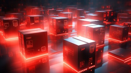 A field of glowing red boxes with numbers and icons on them.