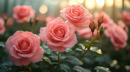 Wall Mural - Soft pink roses with dew drops bloom in the sunlight.