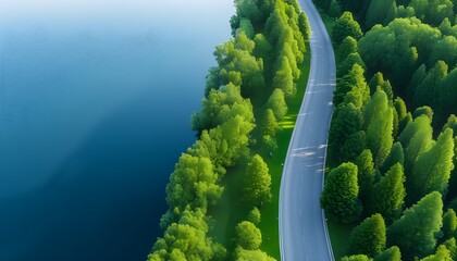 Wall Mural - Scenic aerial vista of winding road through lush green forests alongside sparkling blue lakes