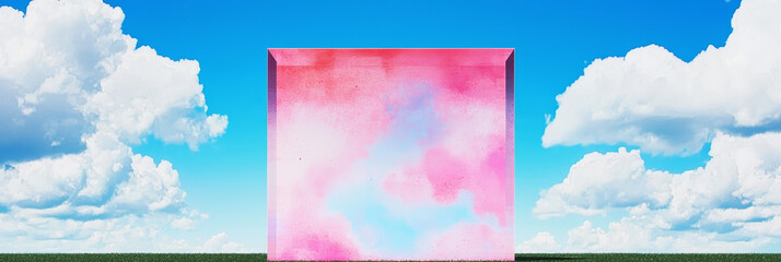 Wall Mural - Pink and blue watercolor cube against a cloudy sky.