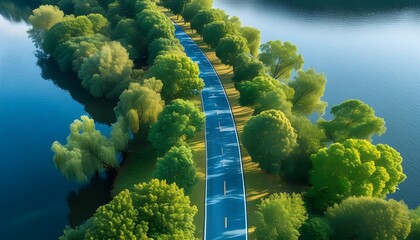 Wall Mural - Scenic aerial vista of winding road through lush green forests alongside sparkling blue lakes