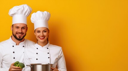 Wall Mural - A couple of a man and woman in chef hats holding broccoli, AI