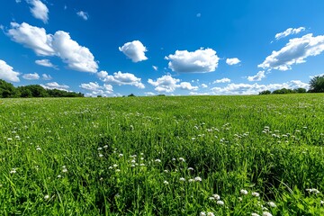 A lush green meadow filled with wildflowers, under a bright blue sky with fluffy white clouds