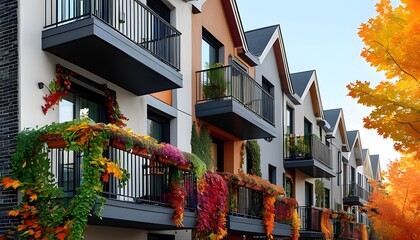 Wall Mural - Charming autumn scene with vibrant condominiums featuring balconies and colorful stucco townhouses