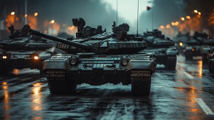 A Military Tank Leading a Parade Through a Wet City at Dusk