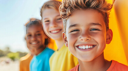 Wall Mural - Three kids smile brightly for the camera.